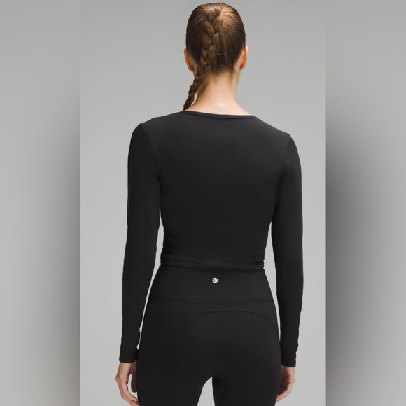 Lululemon Wrap-Front Ribbed Long-Sleeve Top Black Sz 8 - Picture 2 of 6